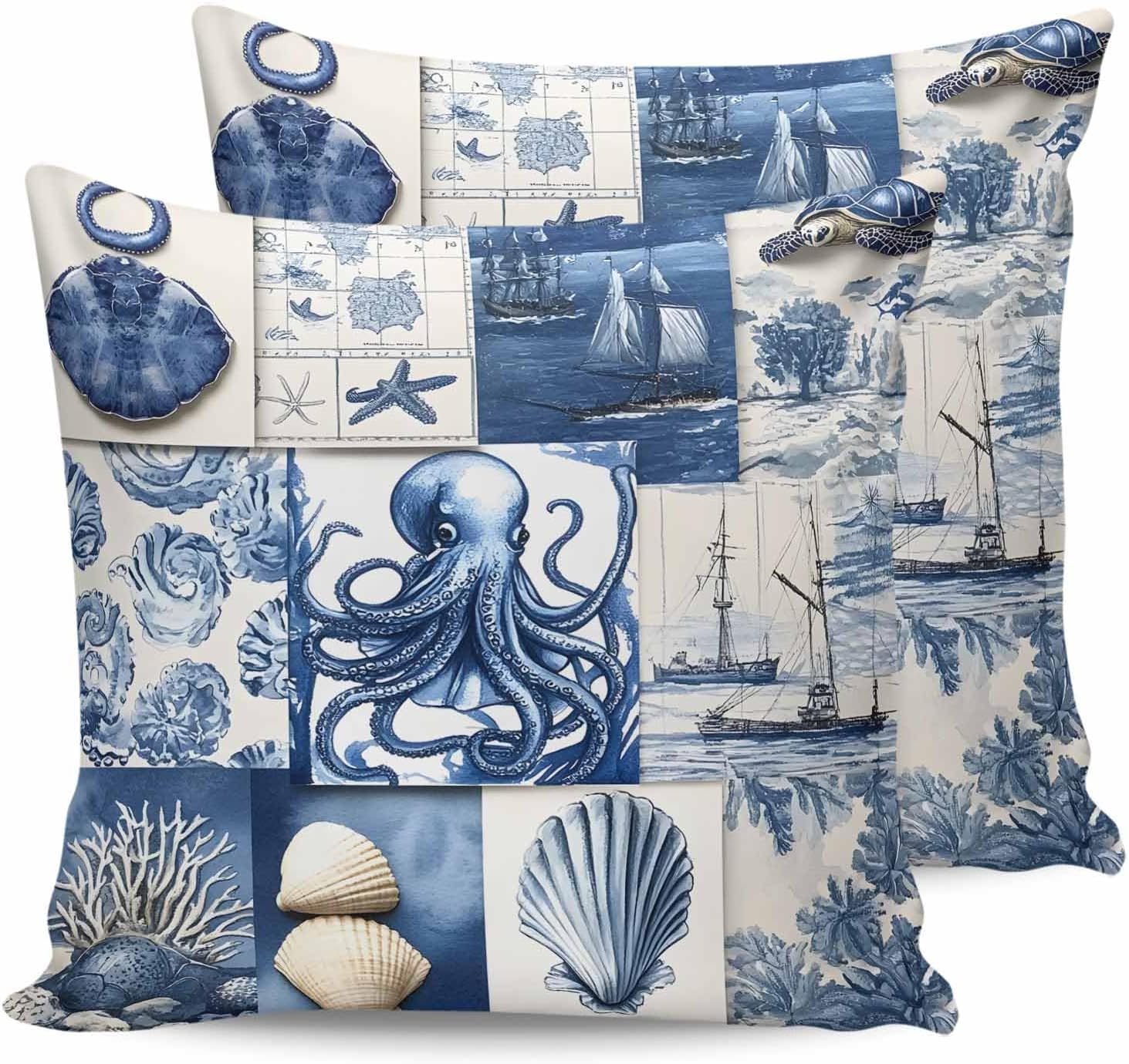 Outdoor Waterproof Pillow Covers Vintage Nautical Boat Ocean Octopus Decorative Throw Pillow Protectors, Retro Blue Sea Theme Pillowcase Cushion Cases for Patio Sofa Garden Couch,20x20IN,Pack of 2