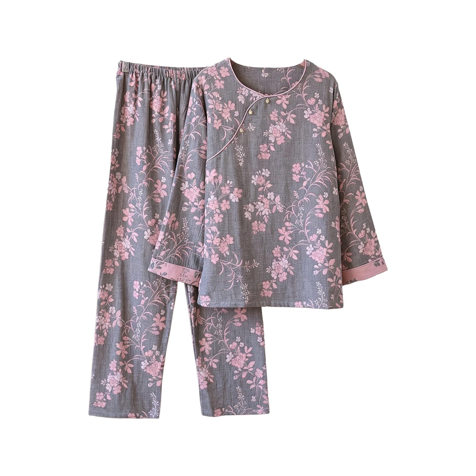 Hausanzug Damen Elegant Set - Schlafanzug Damen 3/4 Hose Weites Bein Pyjamahose Vintage Bedrucktes Pyjama Rundhalsausschnitt Hosenanzug Oversized Loungewear Bequem Pyjama 2-Teilig Freizeitanzug