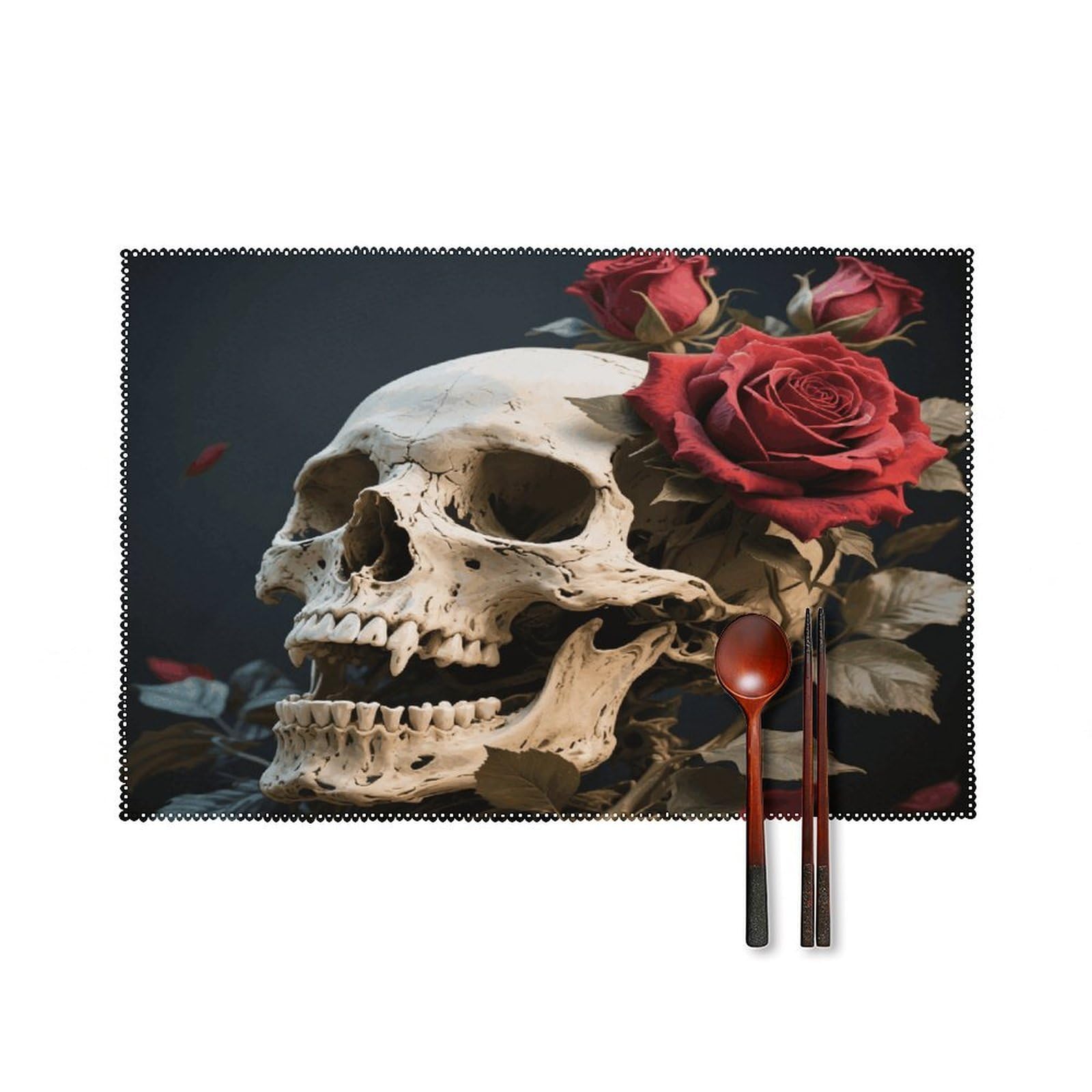 Rose Skull Placemats Set of 4 Heat Resistant Non-Slip Place Mats for Dining Table Washable Placemat Wipeable Dining Table Mat Canvas Place Mats Dining Table Decor