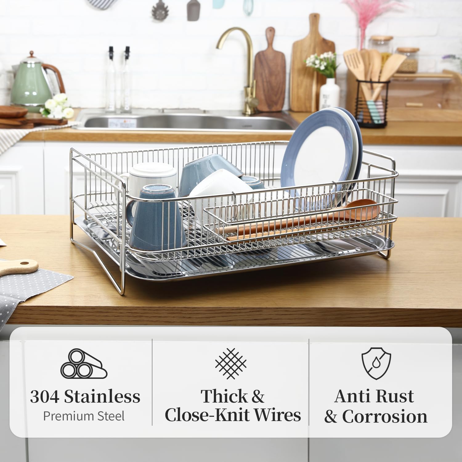 Solid Dish Rack (Stainless Steel, 7.2" H x 19.8" W x 14.7" D)