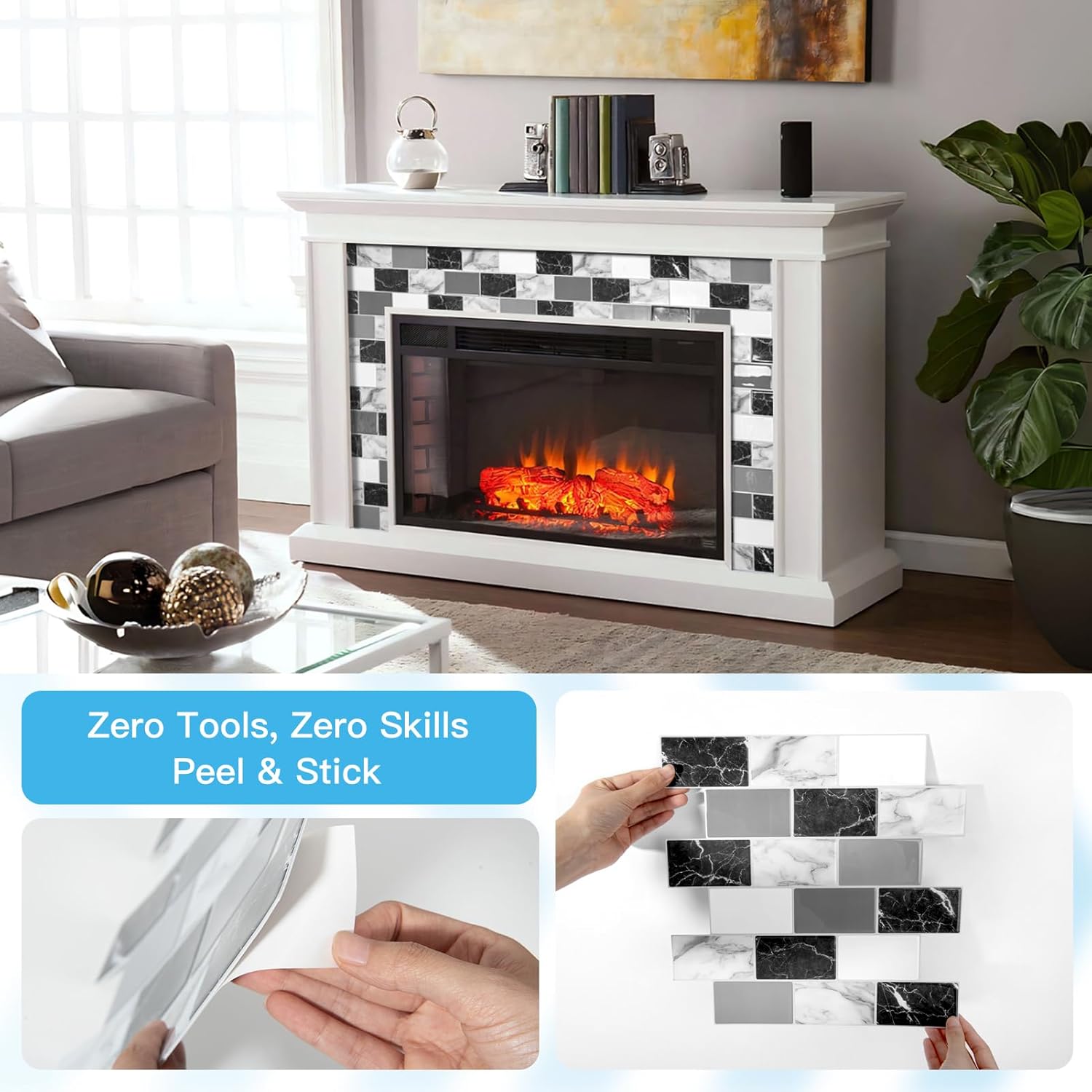 Art3d Peel and Stick Black White Grey Marble Wall Tiles – 12"x12" Thicker Design Backsplash, Self-Adhesive Tile for Kitchen & Bathroom Decor