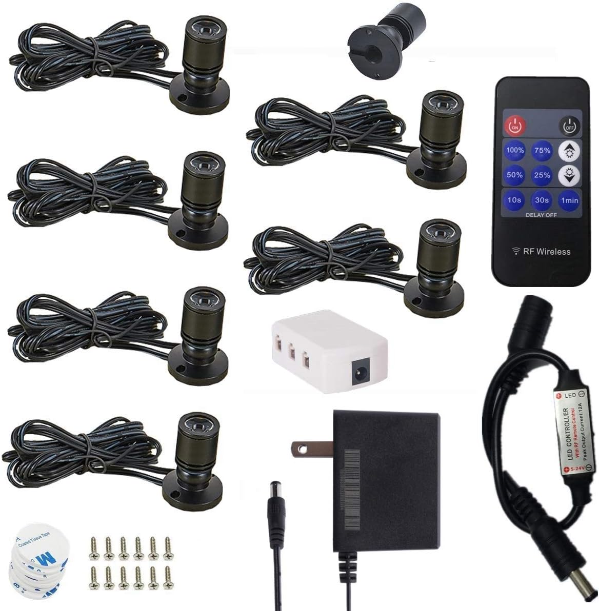 Dimmable Mini Spotlight Art Light Kit with RF Dimmer- 12V 1.5W 100lm,CRI>80 Surface Mounted for Display Cabinet Showcase Showroom (Cold White-Pack 6)