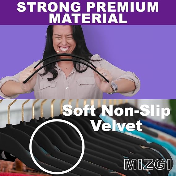 MIZGI Premium Velvet Hangers Pack 60 Pcs Heavyduty - Non Slip Slimline - Velvet Suit Hangers Black - Gold Hooks,Space Saving Clothes Hangers