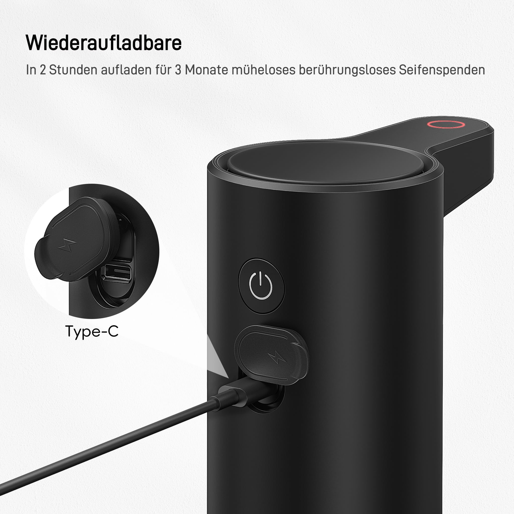 EKO Automatischer Seifenspender mit Sichtfenster, Spülmittelspender mit Infrarotsensor, 250 ml, USB-aufladbar, wasserdicht, einstellbare Dosierung, tropffrei, für Küche & Bad, Mattschwarz