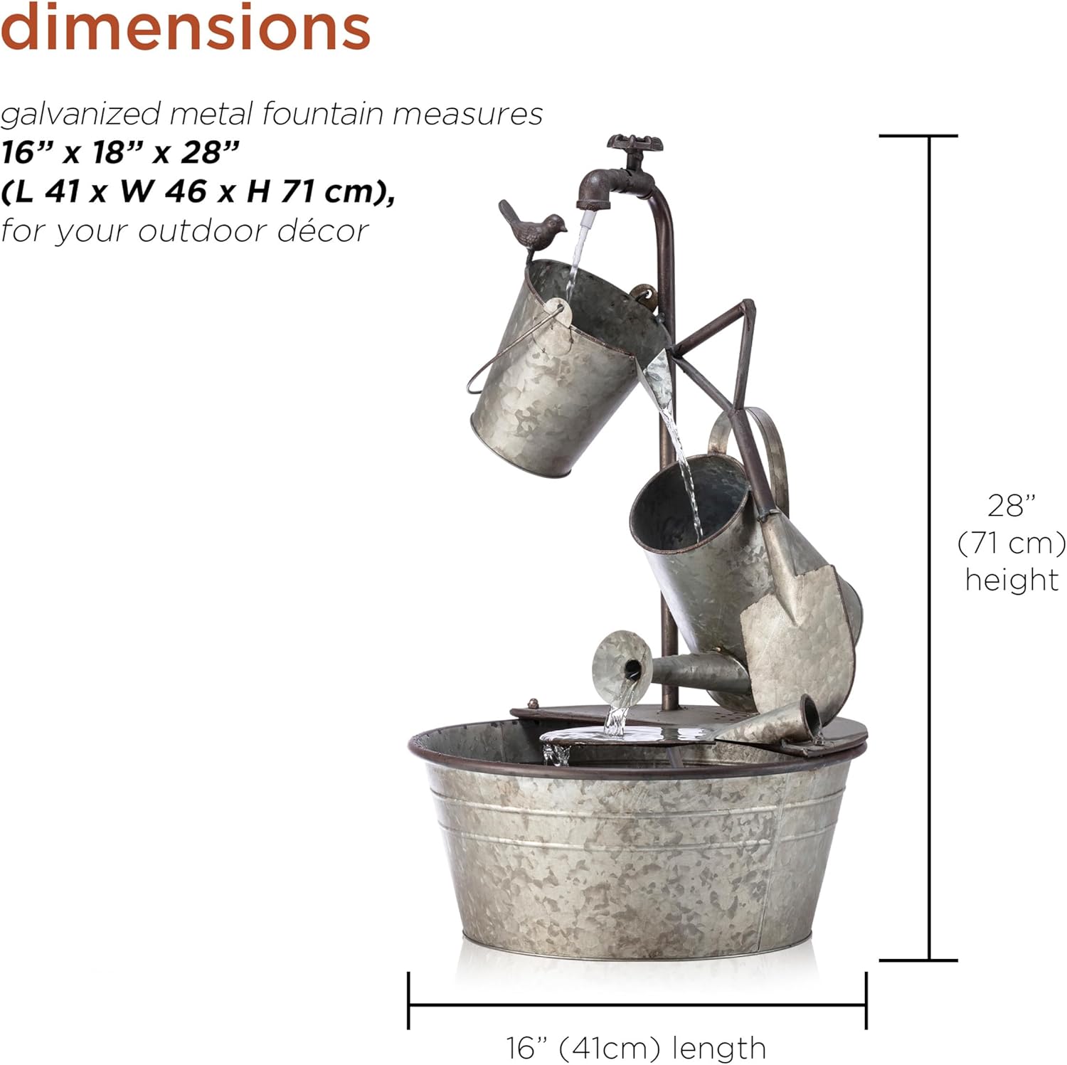 Alpine Corporation YHL106 Outdoor Floor 3-Tiered Metal Garden Tools Water Fountain, Tools and Faucet Waterfall, 28", Gray