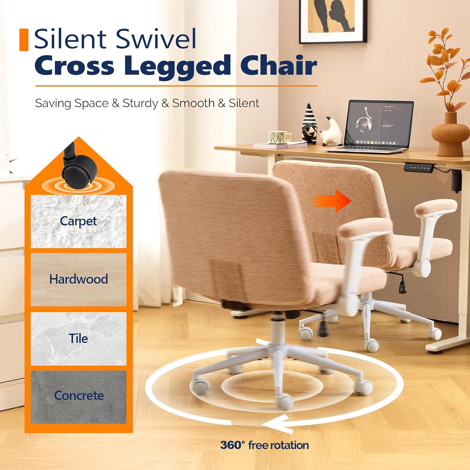 VINGLI Criss Cross Chair with Adjustable Flip-Up Arms,Cross Legged Chair with Wheels, Extra Wide Office Chair,Cozy Desk Chair for Home Office, Vanity, Apartment,Chenille Velvet,Orange