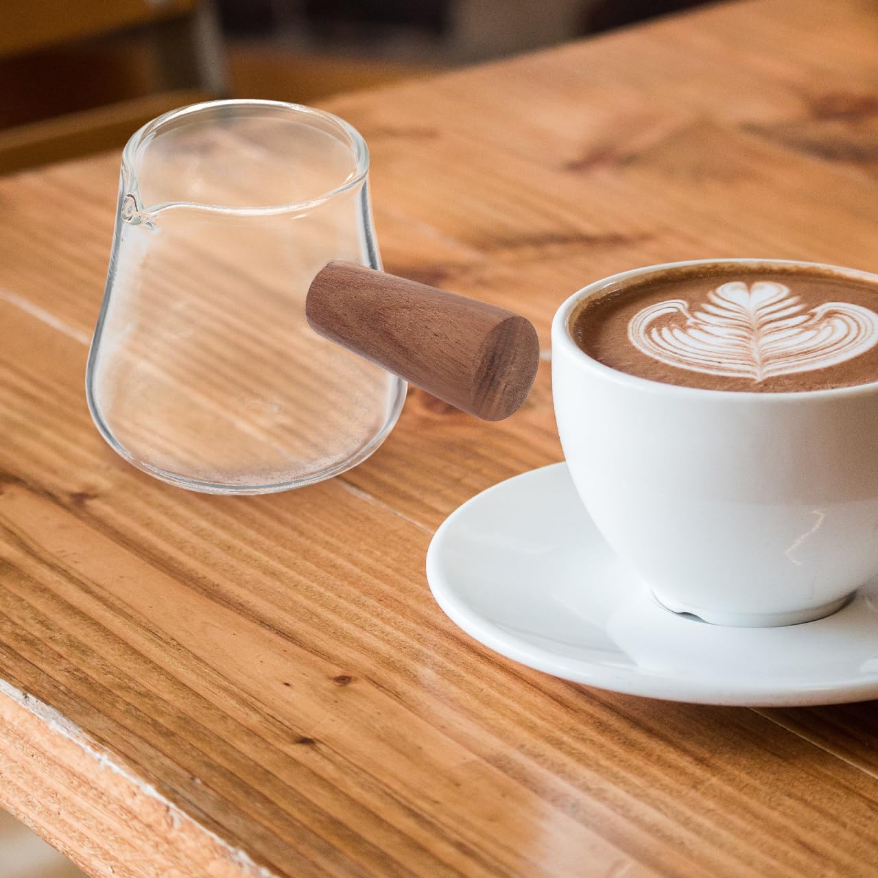 COLLBATH Glass Milk Creamer Pitcher with Wooden Handle Espresso Milk Pitcher for Coffee Latte Art and Frothing 4.17 X 2.59 X 2.48 in 1 Pc for Home Cafe