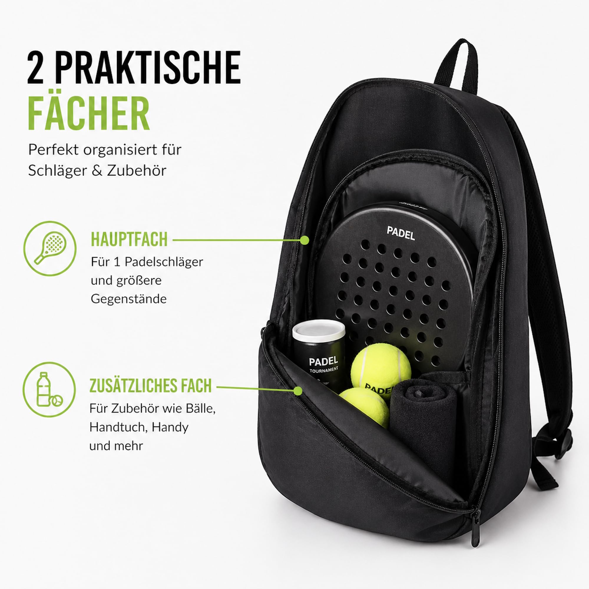 Zaino Padel Racchetta Zaino Nero - Padelbag con 2 scomparti per racchette e accessori, in PET riciclato, tracolla regolabile, 48 x 29 x 19 cm - Borsa sportiva per racchetta padel racket