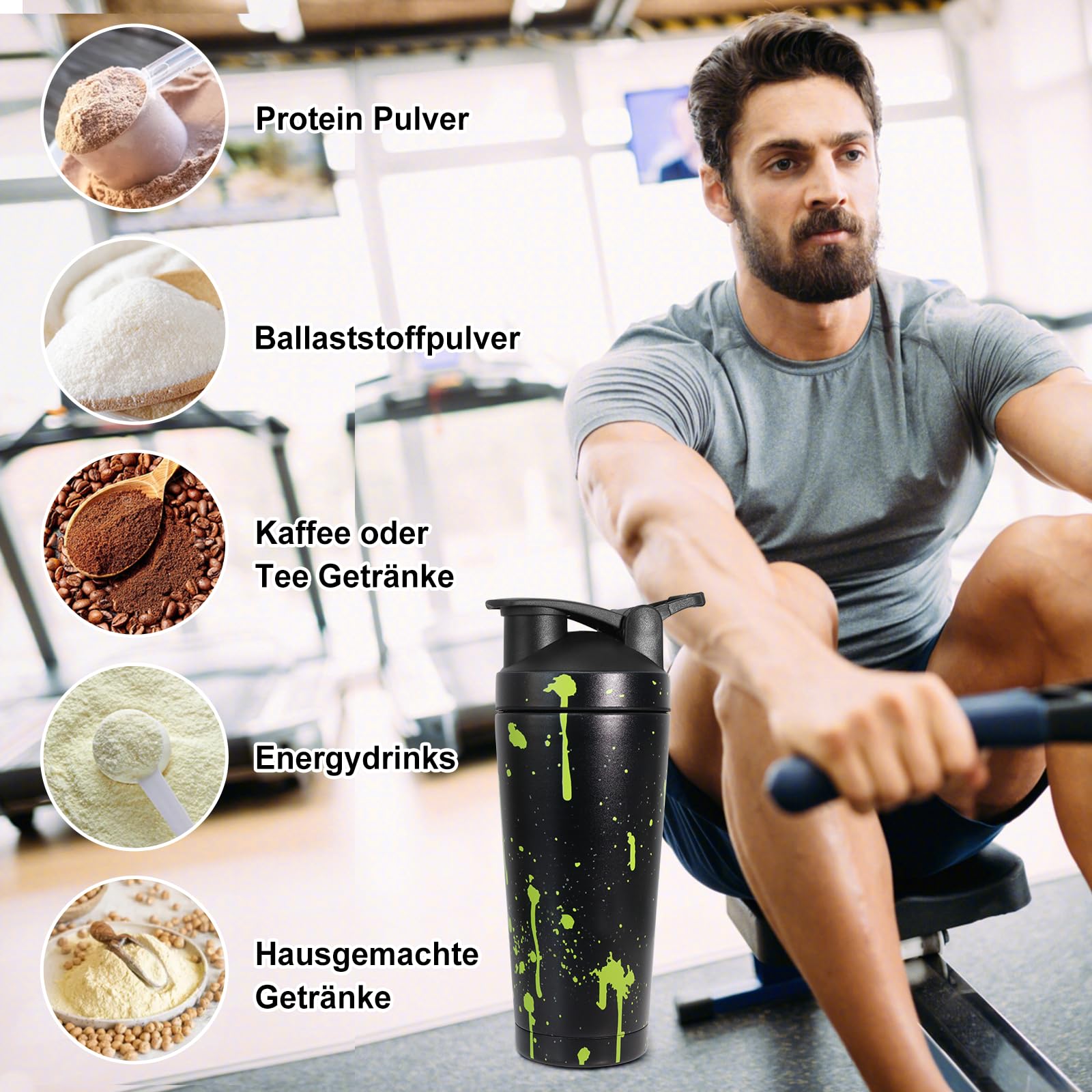 750ml Shaker Proteine, Shaker Proteine Inox, avec Boule en Spirale, sans BPA, étanche, Facile à Nettoyer, inoxydable Protéines Bottle de protéines, Bottle de protéines Conservation de la chaleu - Noir