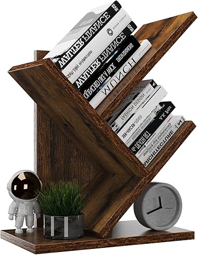 Miniatura 9 de YMYNY Estantería de árbol de 4 niveles, estantería pequeña, estante de almacenamiento de libros de madera moderno, estante independiente para
