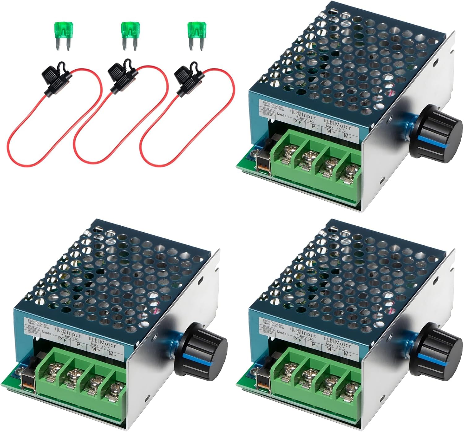 MAKERELE 7-70V PWM DC Motor Speed Controller 30A, 12V 24V 36V 48V Adjustable PWM Motor Speed Switch Control with 30A Fuse, Wide Voltage Range Brush Motor Stepless Speed Controller (3 Pack)