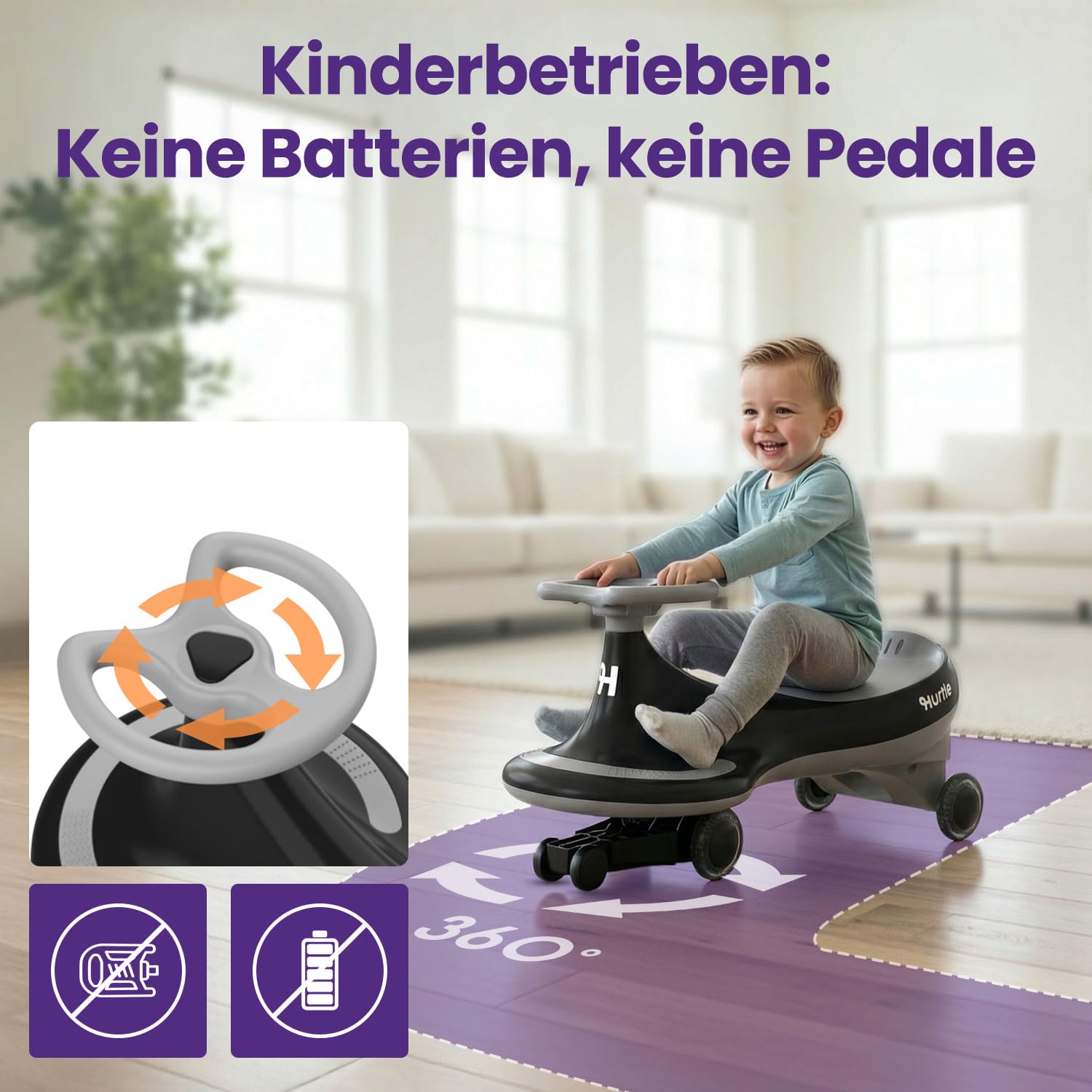 Hurtle Rutschauto Indoor Wiggle Drift Car für Kinder — fördert Motorik & Balance | Schwarz