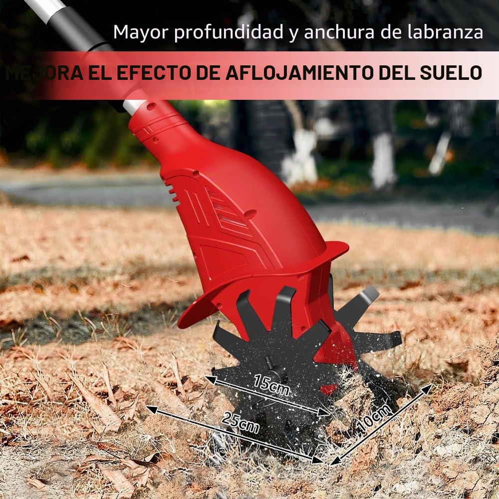 Motoazada Eléctrica Sin Cable, Motocultor Eléctrico con 2 Baterías de 3000 mAh, Ancho de Trabajo 25 cm, Profundidad de Labranza 15 cm, Velocidad 360 RPM, para Césped, Huerto y Jardín