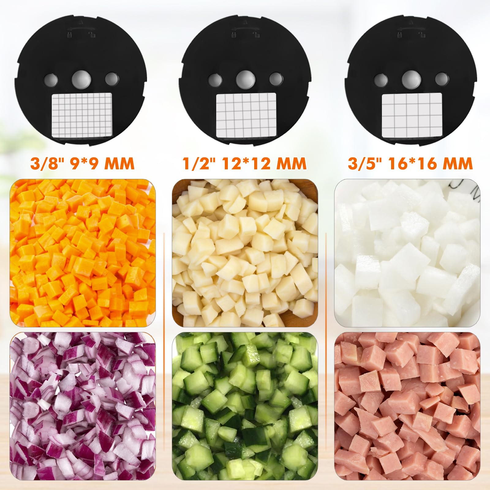 Anatole Cortador de Verduras en Cubos Eléctrico Comercial con 3 Cuchillas | 9mm/ 12mm/ 16mm Cuchillas de Acero Inox, para Patata Zanahoria Pepino Cebolla Fruta, para Restaurante Hotel Hogar, 100W 220V