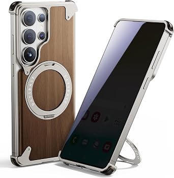 OATSBASF Magnetic Wood Case Compatible with Samsung Galaxy S26 Ultra, [Natural Wood & Aluminum] Shockproof Protective Cover Unique Wooden Case with 360 Ring Stand, Natural Titanium