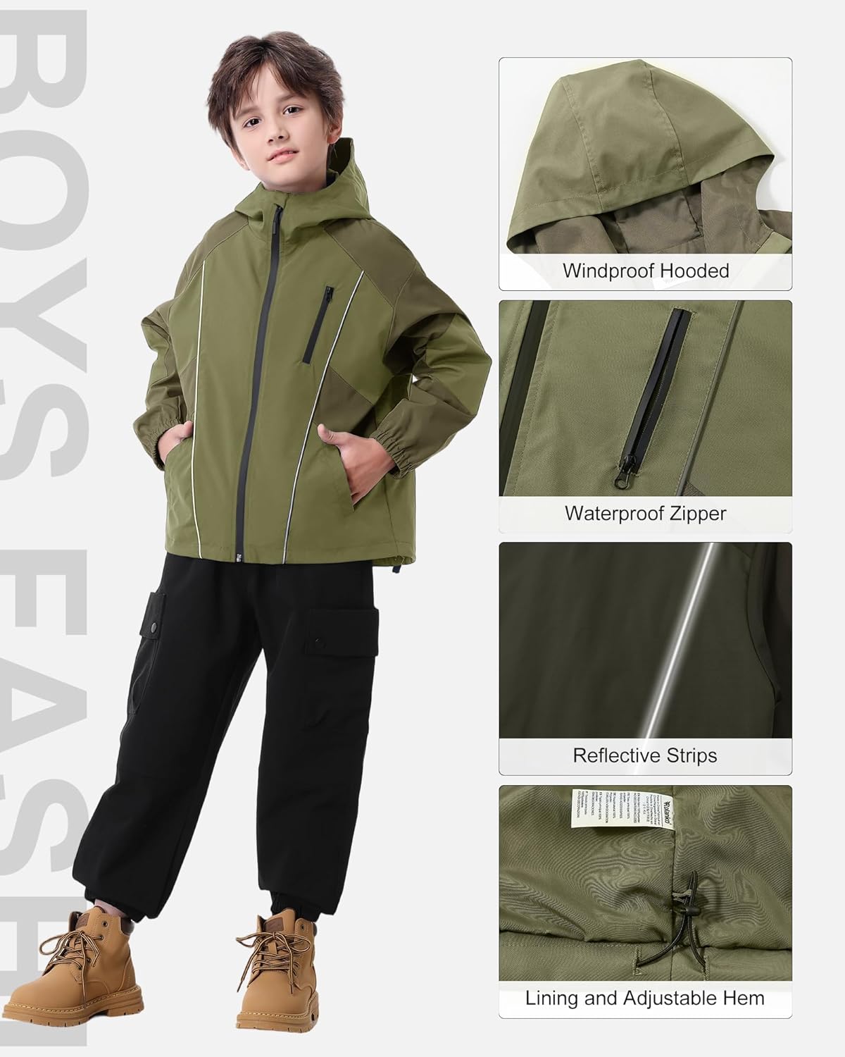 Rolanko Boys Rain Jacket, Waterproof Lightweight Windbreaker Raincoat Kids Hooded Lined Outerwear for Hiking Outdoor - Image 6