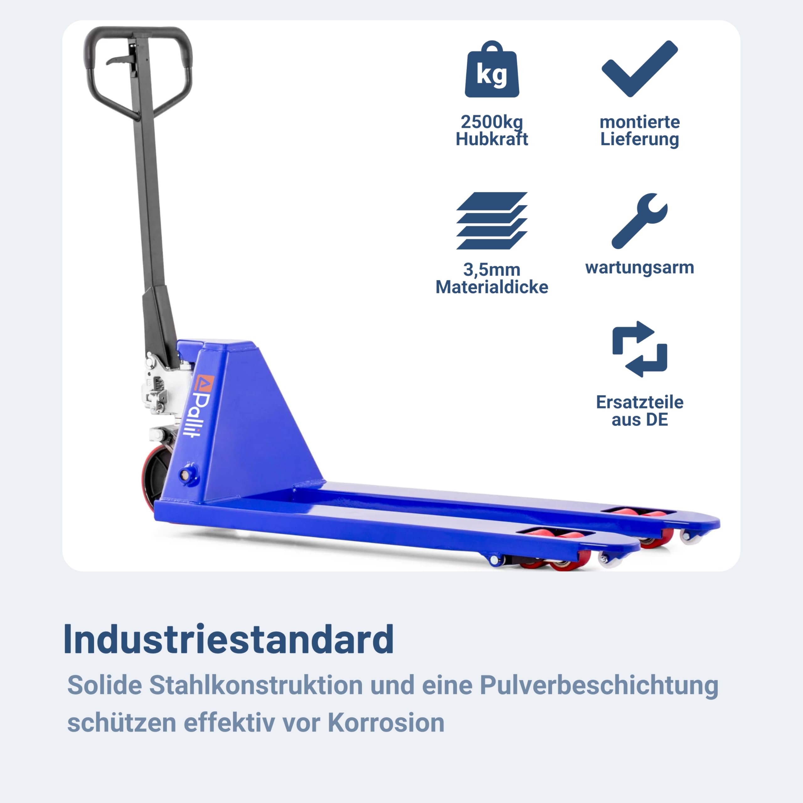 Pallit Hubwagen 2500 kg Palettenwagen 1150 mm Gabellänge PU Rollen Robuster Gabelhubwagen mit PU Polyurethan Rollen Handhubwagen aus Stahl, langlebig Palettenhubwagen SIX