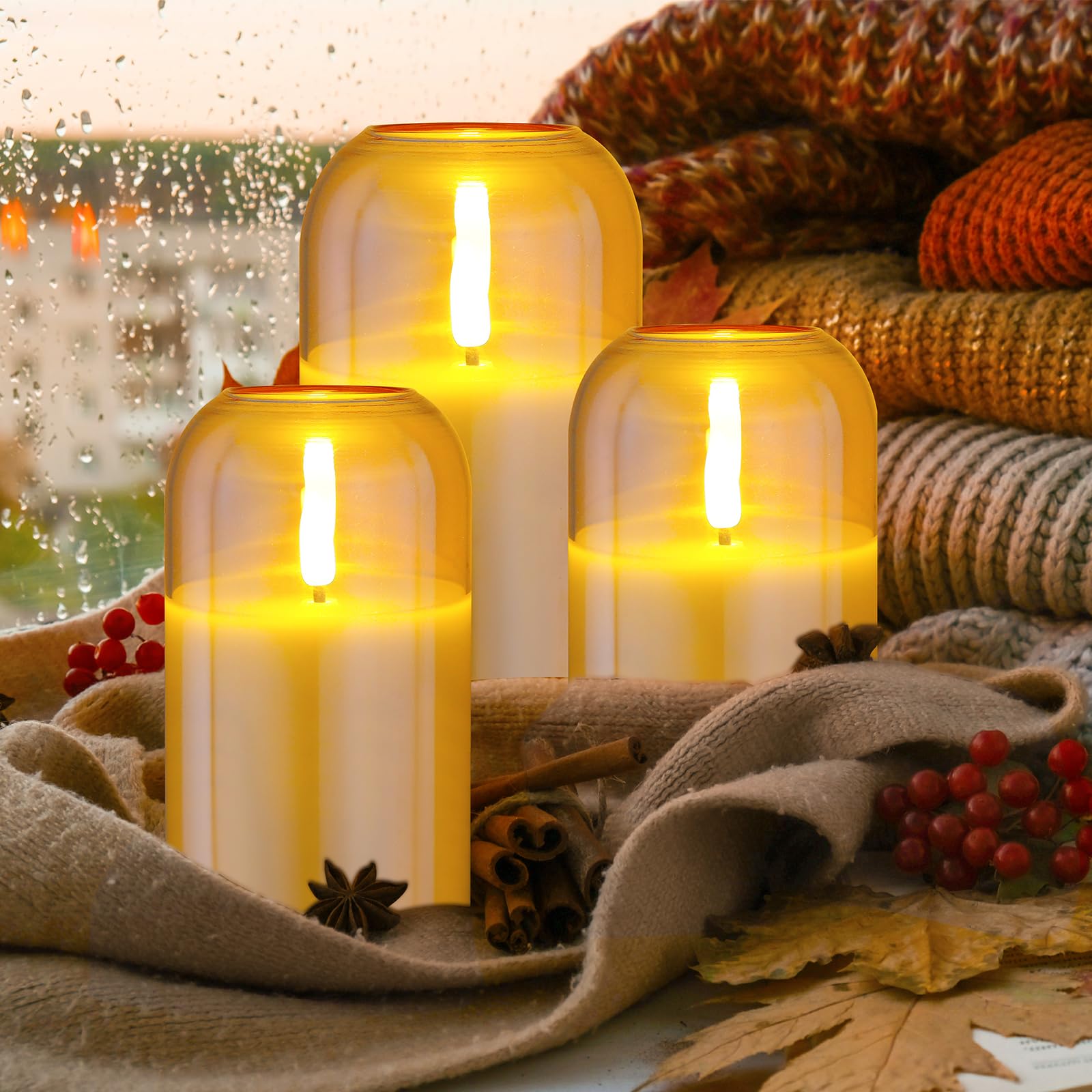 AXVRAV 3er LED Kerzen Set Mit Fernbedienung - Flackernde Kerzen Im Glas Mit Timer