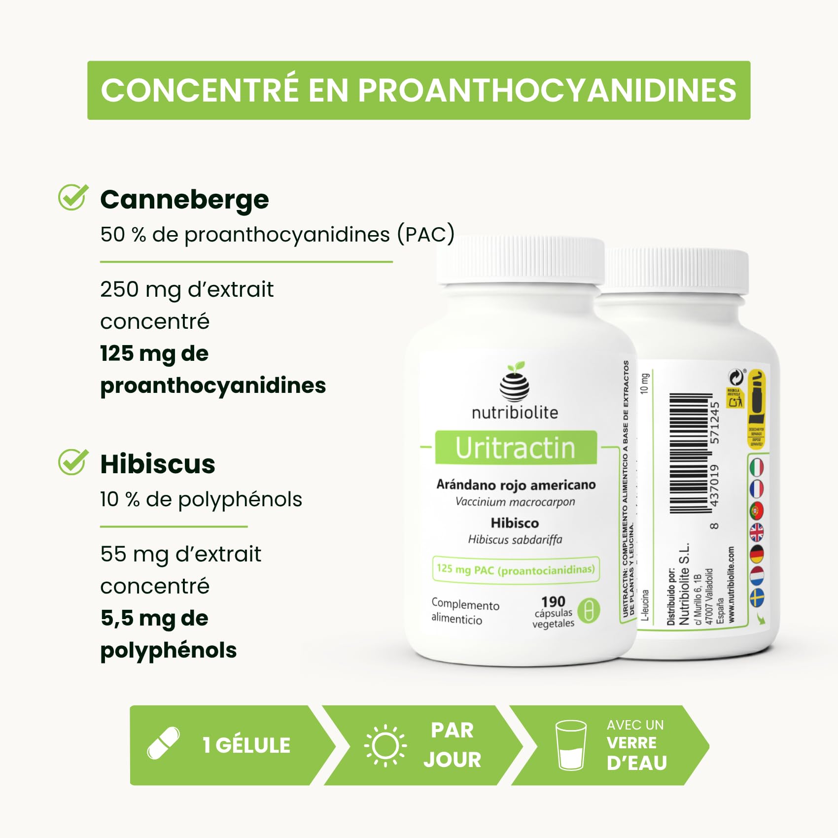 Canneberge gelules Cranberry avec Hibiscus 125 mg de PAC Proanthocyanidines - Confort Urinaire - 190 Gélules - Sans Additifs +6 Mois | Uritractin Nutribiolite
