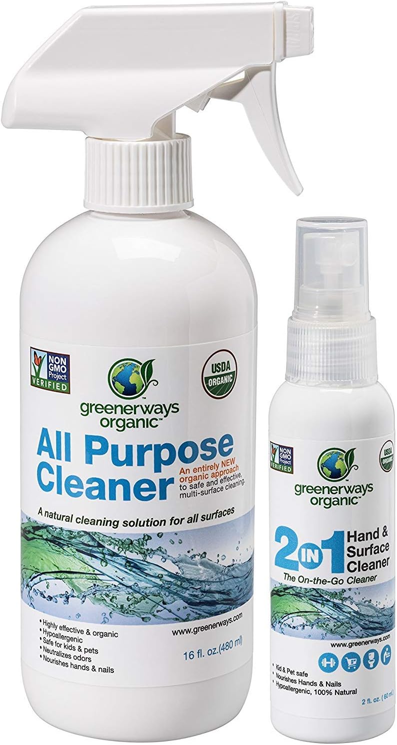 Greenerways Organic Natural USDA Organic All Purpose Cleaner for Home, Glass, Kitchen, Bathrooms, Windows, Effective Organic Cleaner, Best Organic Cleaner (1) 16oz (1) 2oz - MSRP 17.98