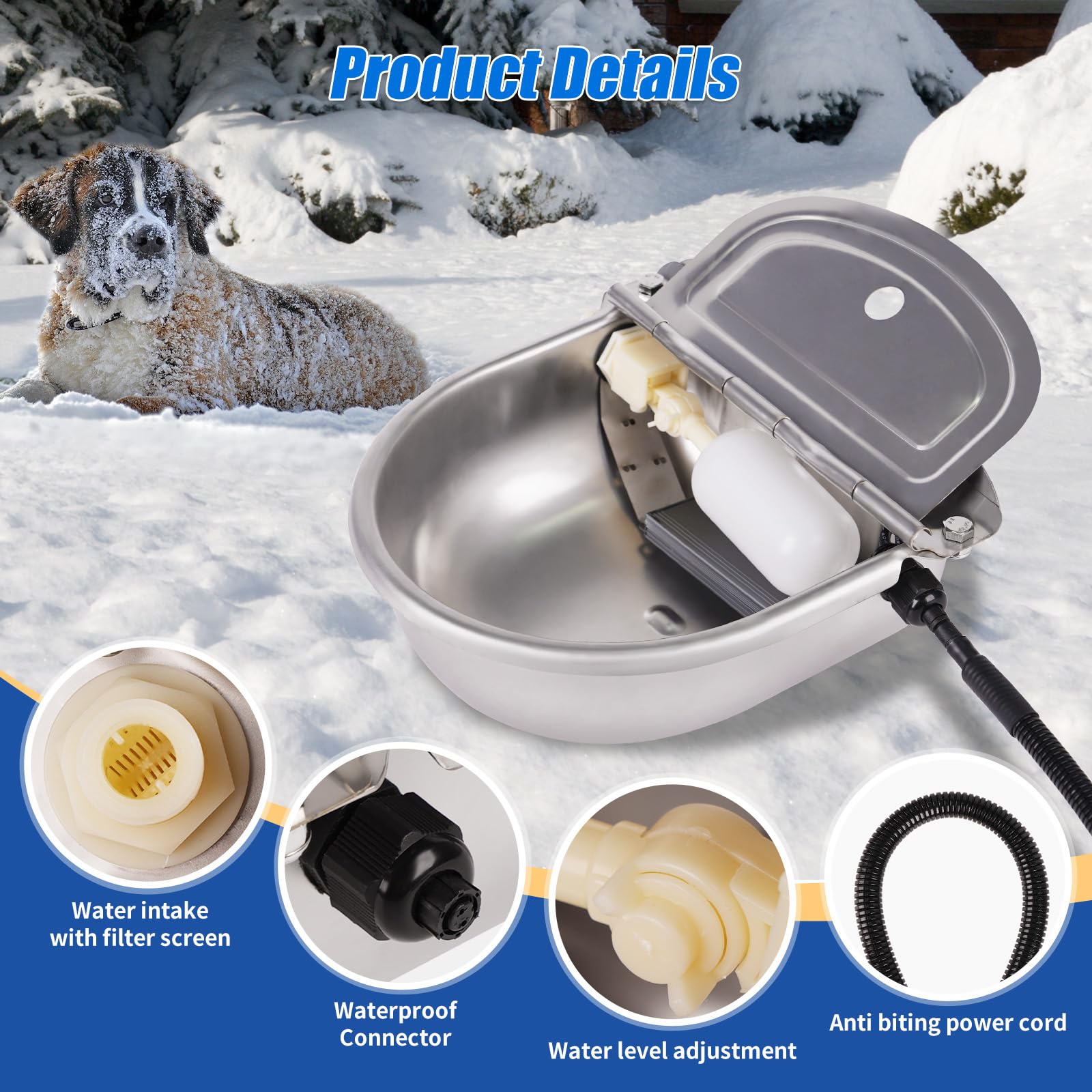 Cuenco de agua con calefacción para perros, gatos al aire libre, raza grande, dispensador automático de agua para perros, llenado automático, cuenco de agua calentado para mascotas, bebedero exterior