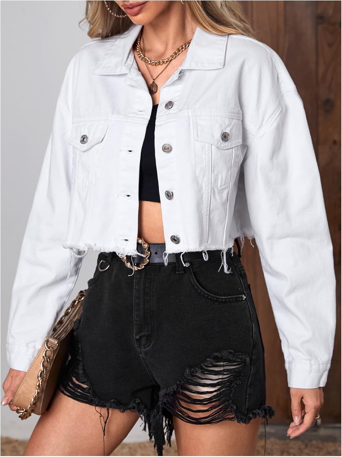 Floerns Women's Raw Hem Long Sleeve Button Down Pocket Cropped Denim Jean Jacket - Image 2