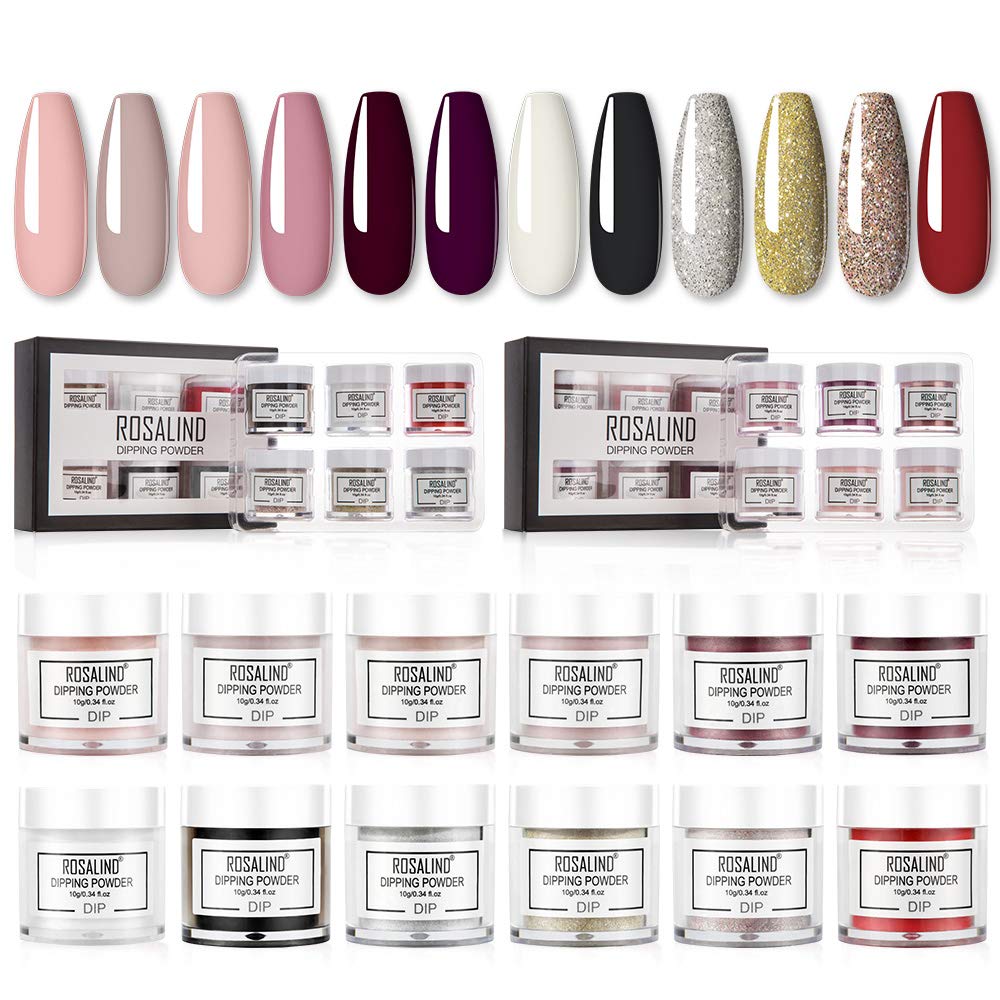 ROSALIND Nail Dip Powder For Nail Art Decoration 2 set of 6pcs, Dip Powder Colors Set Not Need UV/LED Lamp Not included base & top coat