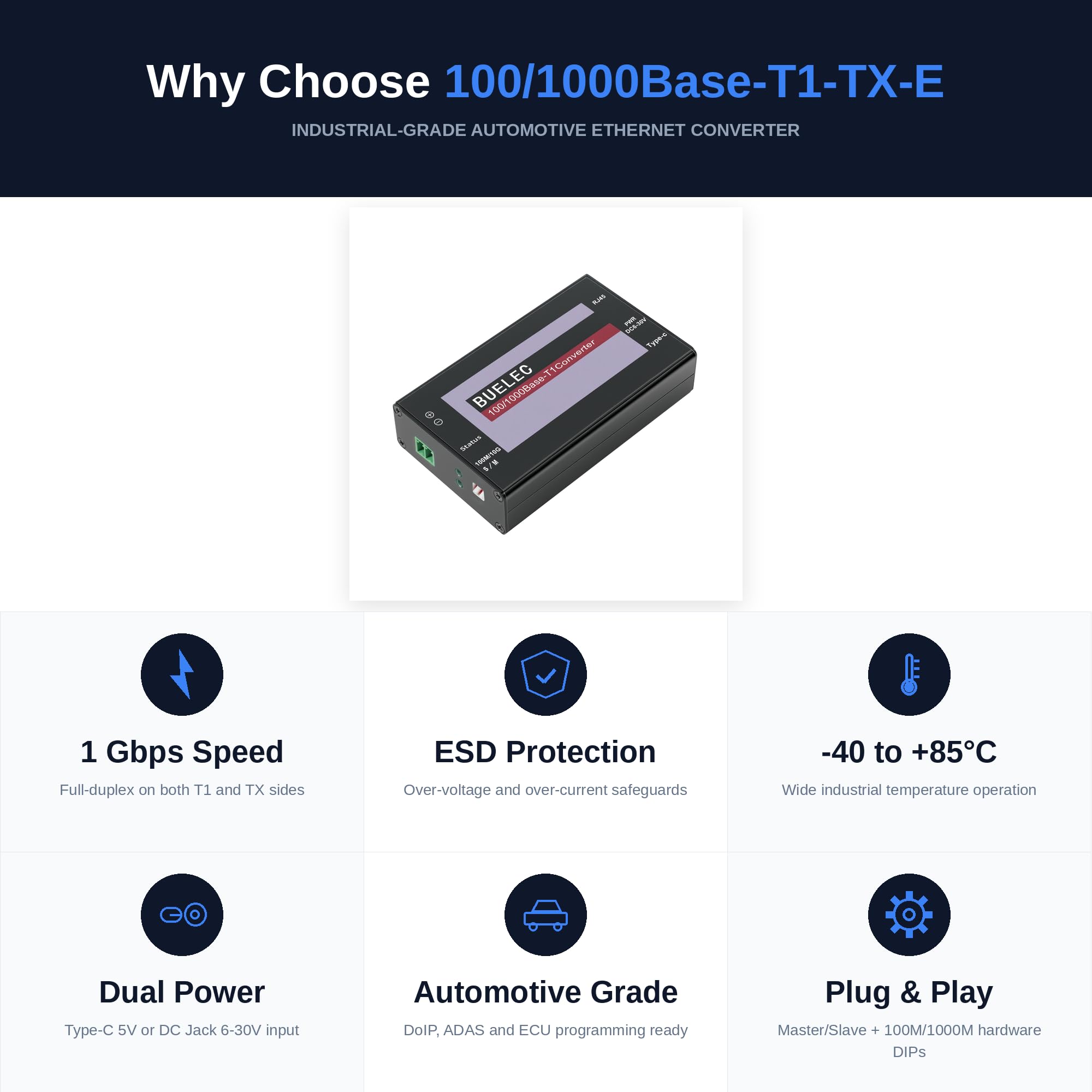 100/1000Base-T1-TX-E Automotive Ethernet Medienkonverter – 1 Gbit/s T1 auf RJ45 Adapter, Marvell 88Q2112 + RTL8211FI, Terminalblock + TE MATEnet/HMTD Adapter, Typ-C/DC Power