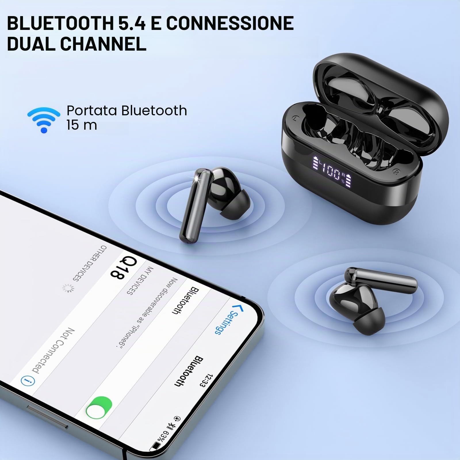 Cuffie Bluetooth, Auricolari Bluetooth 5.4 Stereo HiFi, 48 Ore Cuffie Wireless In Ear ENC Cancellazione Rumore Mic, Cuffiette Sport IP7 Impermeabile, Cuffie Senza Fili USB-C, LED per Androide/iOS