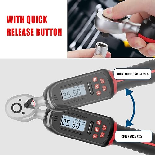 Miniatura 5 de VANPO Llave dinamométrica digital de 14 pulgadas, 1.1-22.1 pies-libras1.5-30 Nm, con valores preestablecidos, 2% de precisión, timbre y notificación