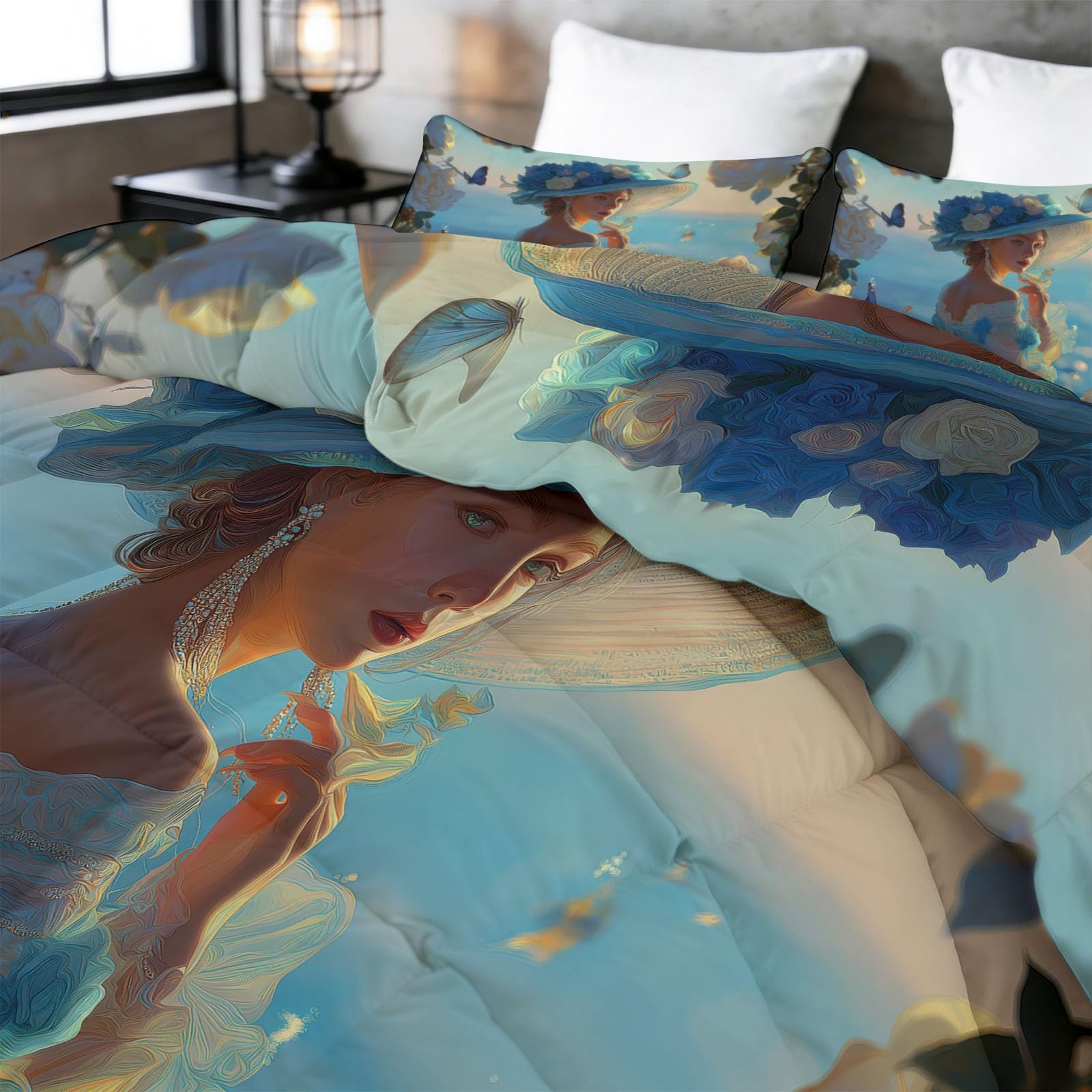 Trapunta 200 x 220 cm 4 stagioni blu trapunta stampata pittura ad olio donna costiera floreale per letto matrimoniale matrimoniale Edredon reversibile lavabile senza fodera per donne adulti residenti