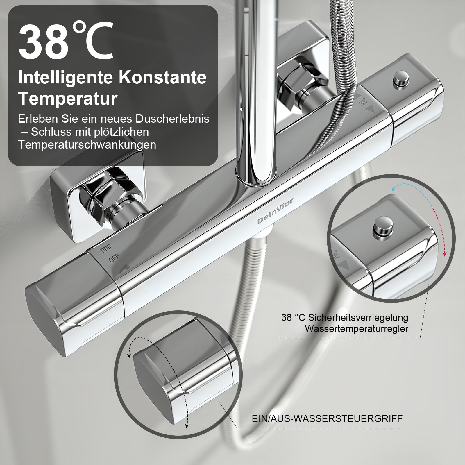 Duschsystem mit Thermostat Edelstahl Regendusche 13" Quadratische Regenbrause Handbrause 3 Strahlarten Duscharmatur Komplettset Höhenverstellbar mit Anti-Verbrühungsschutz Wassersparend