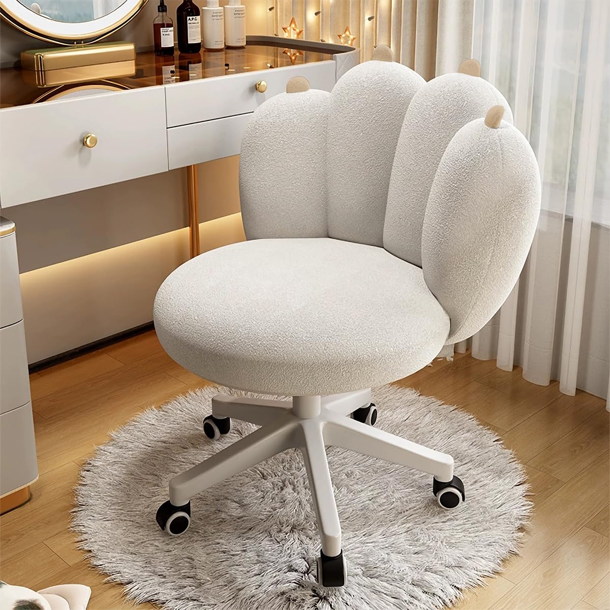 XUEGW Adorabile Sedia da Toeletta con Pile Teddy e Zampe di Gatto - Sedia da Trucco Regolabile in Altezza,Senza Braccioli con Ruote,Schiena Confortevole per Computer(Bianco)