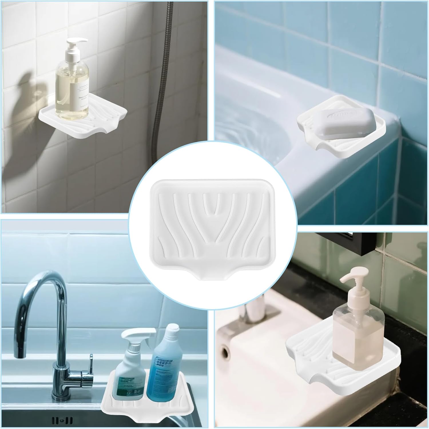 2 Pack Silicone Soap Dish with Drain, Self Draining Bar Soap Holder for Shower, Silicone Dish Soap Tray, Bathroom and Kitchen Sink Organizer, White