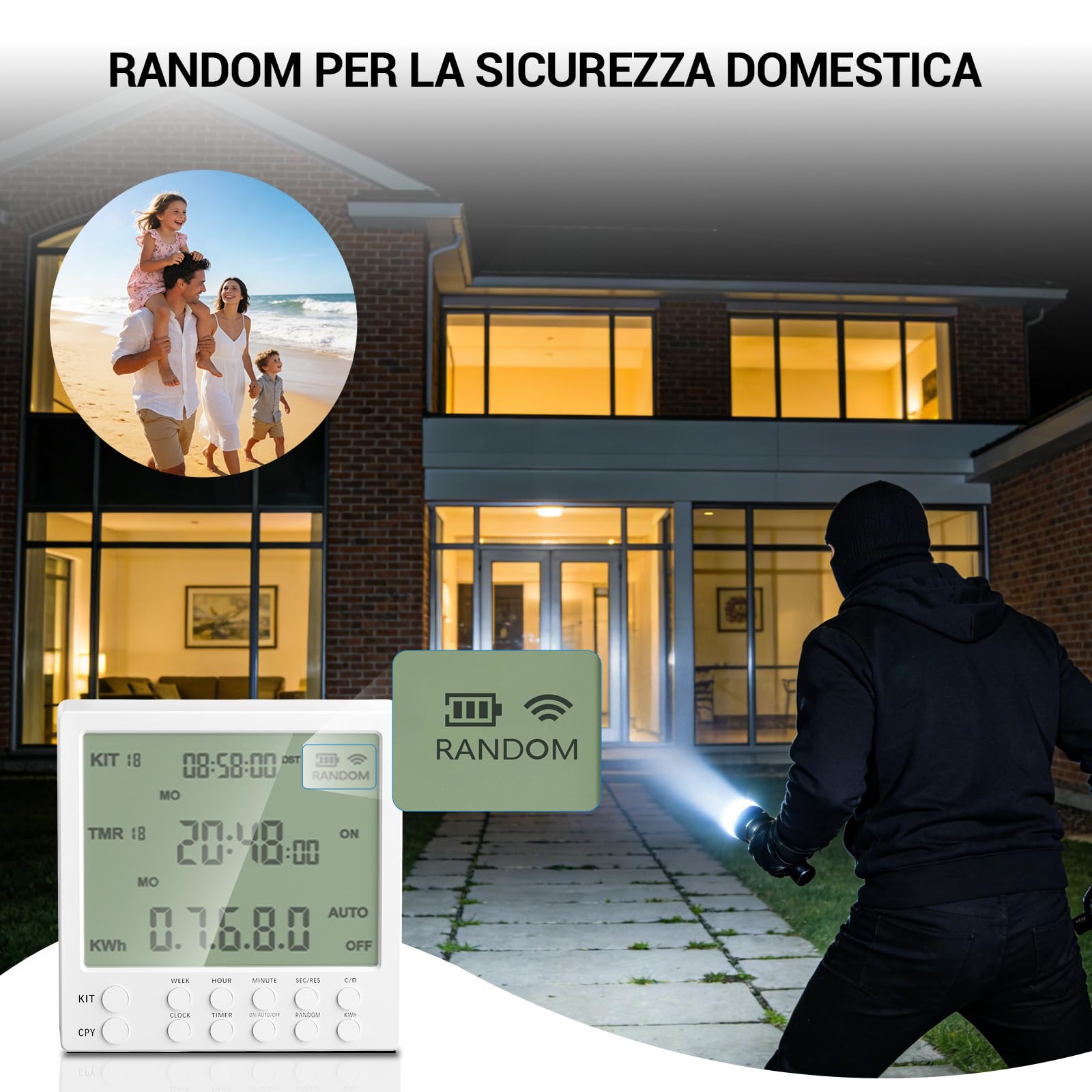 Timer Presa Elettrica 24 Ore con 19 Programmi On/Off, Presa con Timer con Conto alla Rovescia e Modalità Casuale per Sicurezza Domestica, Temporizzatore Presa Elettrica 16A / 230V