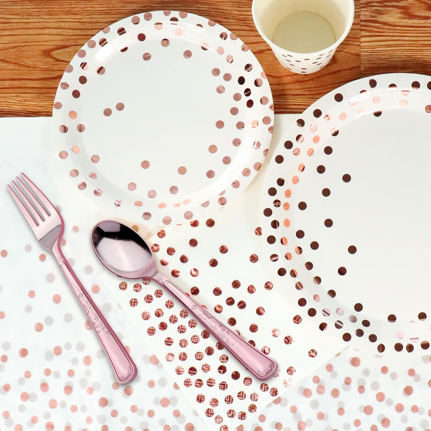 176 Pieces Gold Disposable Party Dinnerware Set &Golden Dot Disposable Party Dinnerware - Black Paper Plates Napkins Cups, Gold Plastic Forks Knives Spoons (25 Guests,176 Pieces)