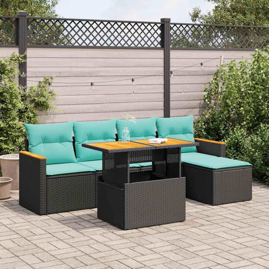 6 Piece Patio Sofa Set with Cushions Black Poly Rattan Outdoor Seating Set Garden Seating Ensemble for Backyard Garden
