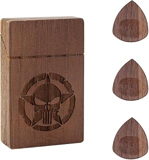 Rockhouse Wooden Guitar Pick Case Holder Storage Box Organizer with 3 Bonus Walnut Bass Picks for Guitar Players (Skull)