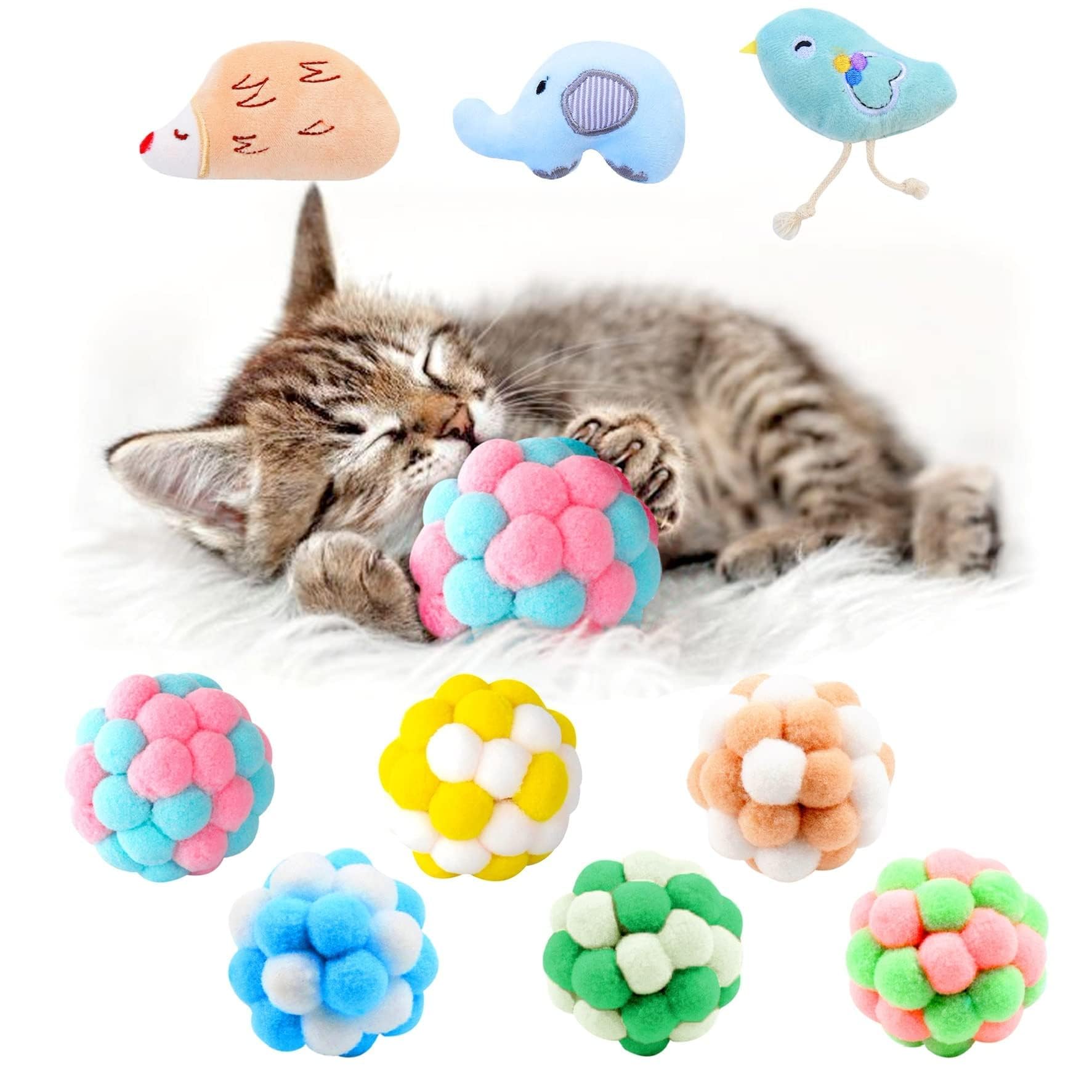 9 Pcs Cat Balls & Catnip Toys Set - Cartoon Fuzzy Balls, Soft & Lightweight - Kittens Chewing, Kicker Toys - Cat Toys for Indoor Cats - Kitten & Cat Accessories - Pack of 9