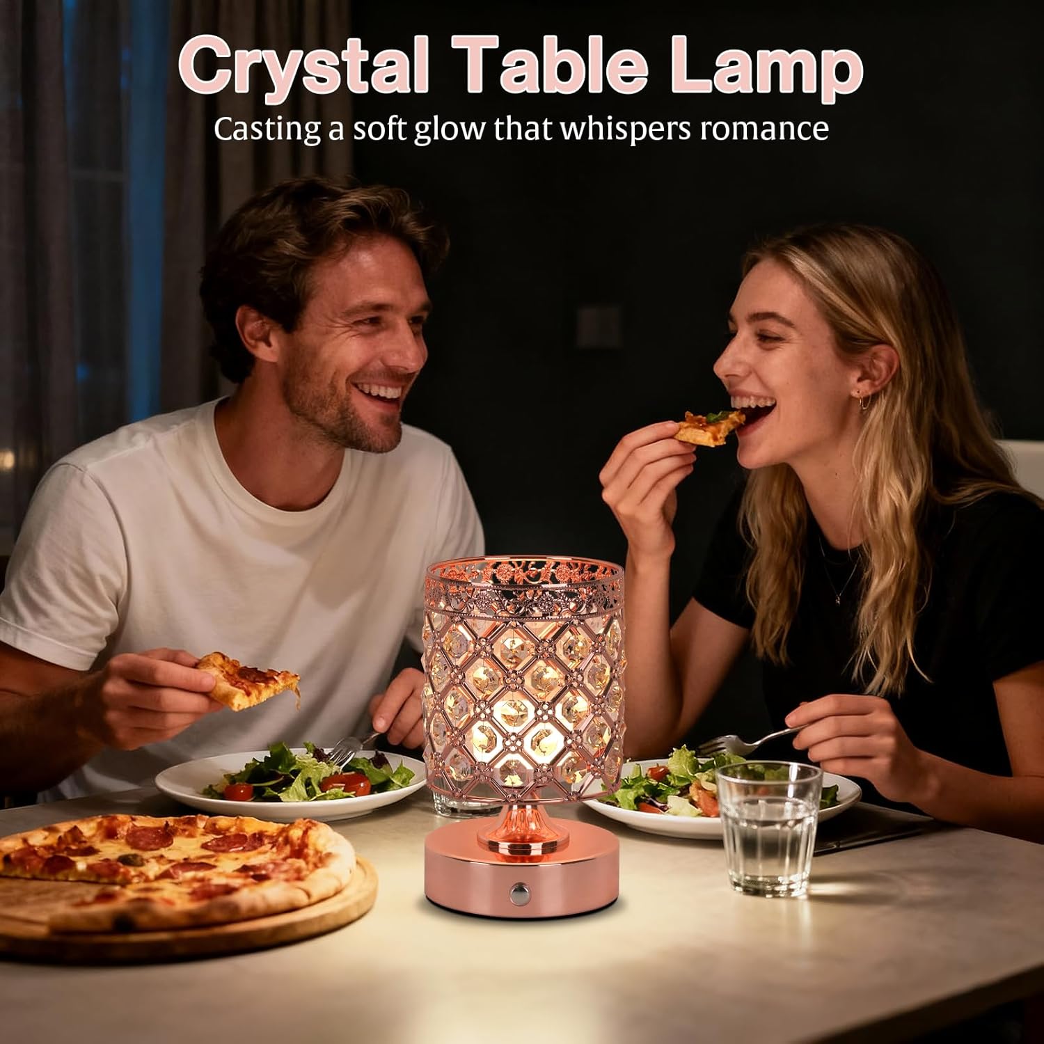 TOBUSA Crystal Cordless Table Lamp Rechargeable, Portable 6000mAh Battery Operated Lamp with 3 Color Temps & Stepless Dimming, Bedside Touch Small Desk Lamp, Rose Gold LED Night Light for Bedroom Bar