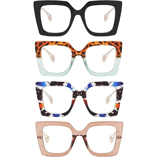 4 Pack Oversized Square Blue Light Blocking Glasses Cute and Stylish Frames for Women Fashion Eyeglasses
