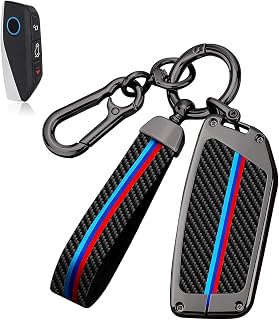 for BMW Key Fob Cover with Keychain, Carbon Fiber Metal Key Fob Case