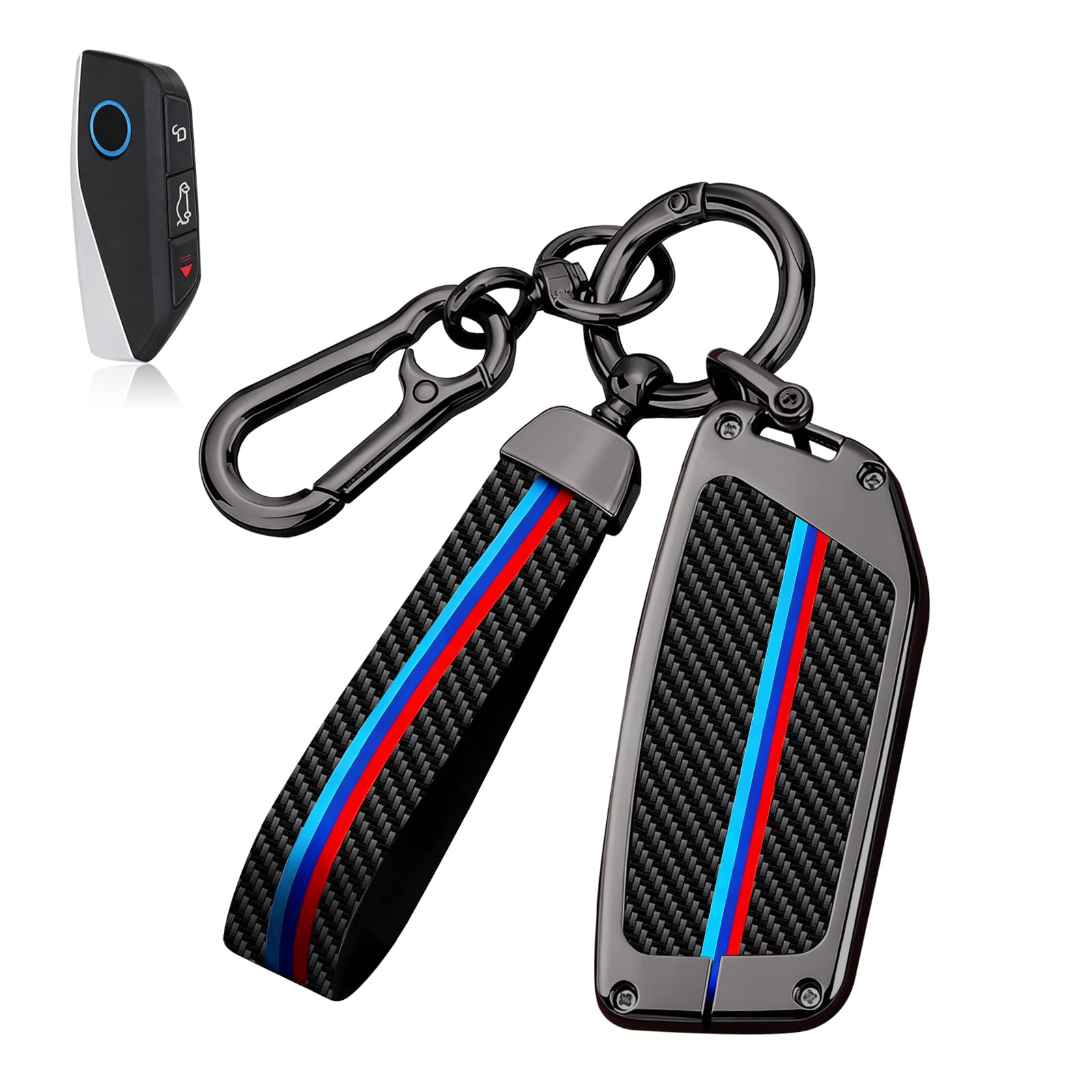 Photo 1 of [MISSING PARTS] Erivis for BMW Key Fob Cover with Keychain, Carbon Fiber Metal Key Fob Case Fit for BMW 2025 2026 New X5 X7 7 iX X6 i5 M60 i7 Series, Full Protection Car Key Cover Shell Accessories for Man and Woman