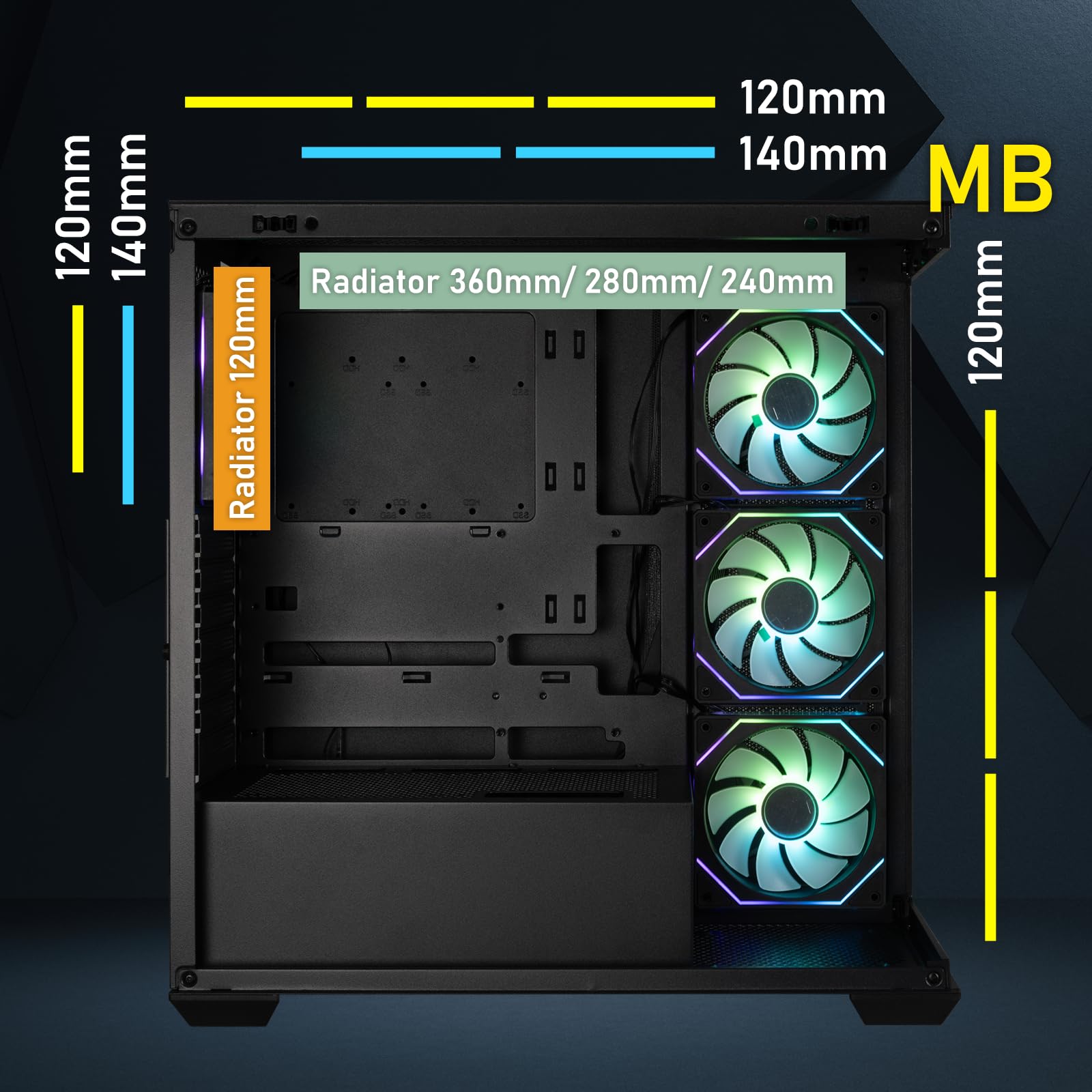 BitFenix CETO - Custodia per PC da gaming ad alto flusso d'aria nero - vetro temperato panoramico - compatibile con scheda madre a collegamento inverso - 4xInfinity Mirroring ARGB Fans (3X inversa