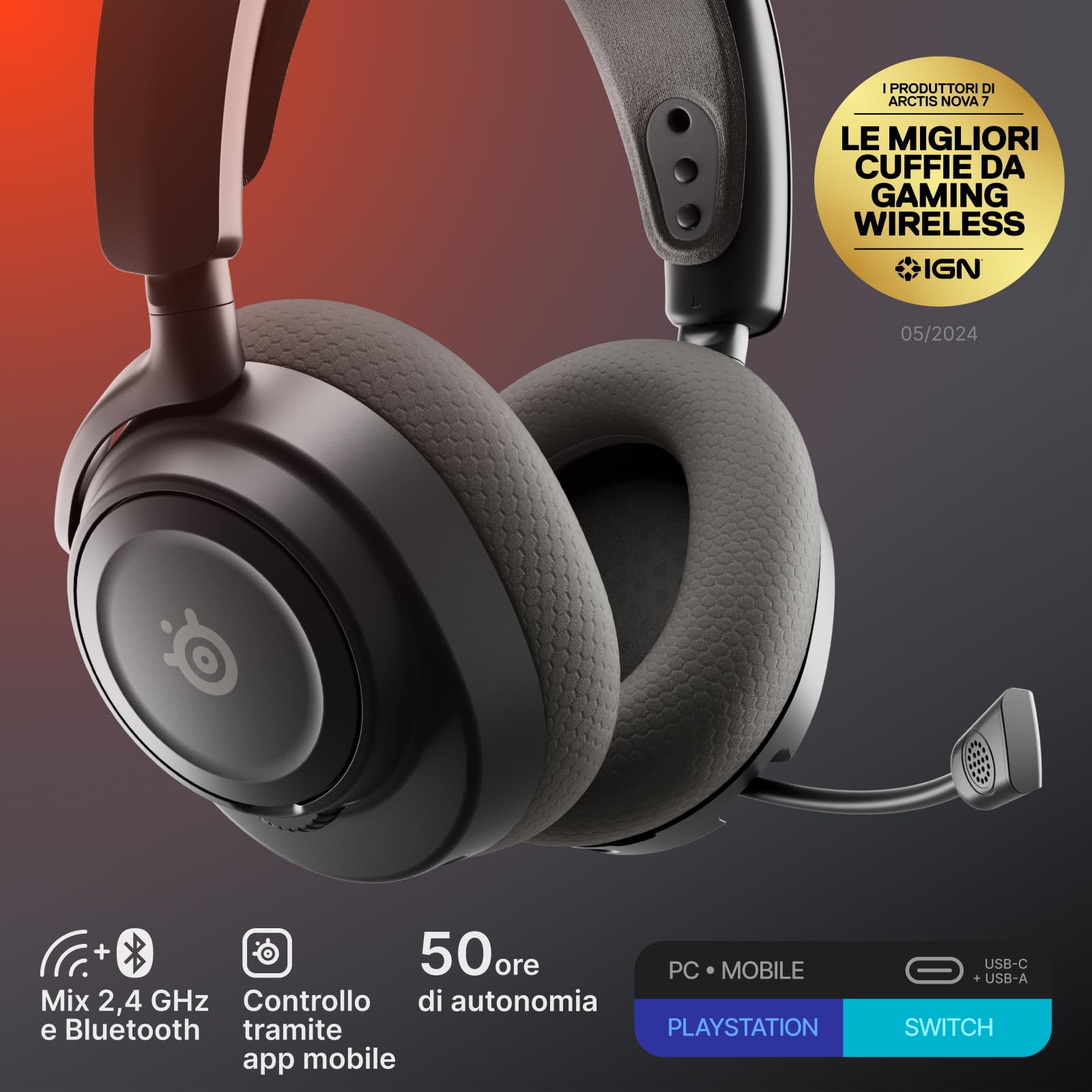 SteelSeries Arctis Nova 7 Wireless Gen 2 - cuffie da gioco - Controllo app in tempo reale - Oltre 50 h - Driver magnetici al neodimio - Mixabile 2,4 GHz/Bluetooth - PC, PS5, PS4, Switch 1/2, Mobile