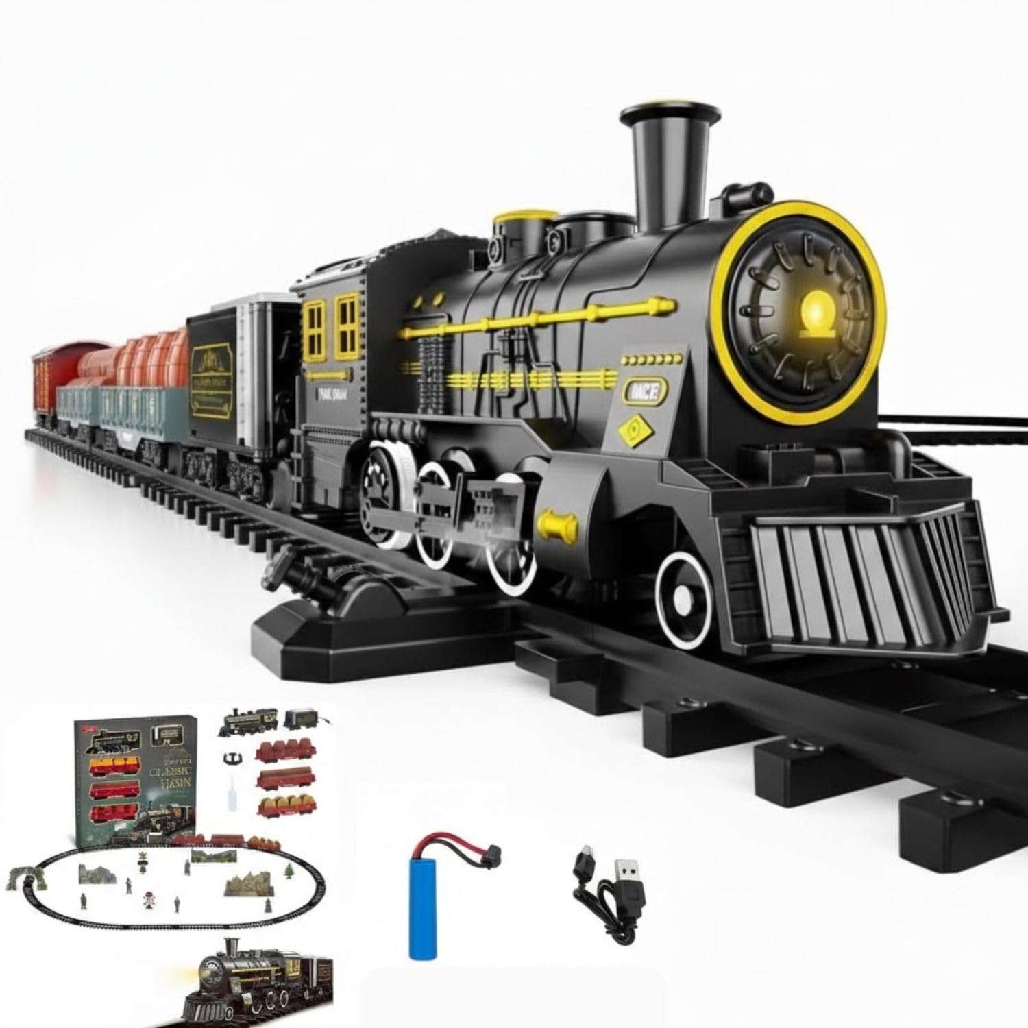 HITRUZ Classic Train Set for Kids with Smoke, Light & Sound | Battery Operated Electric Steam Train Toy with 155cm DIY Track, Cargo Coaches & Accessories | Toy Train Set Gift for Boys & Girls Age 3+-image-38