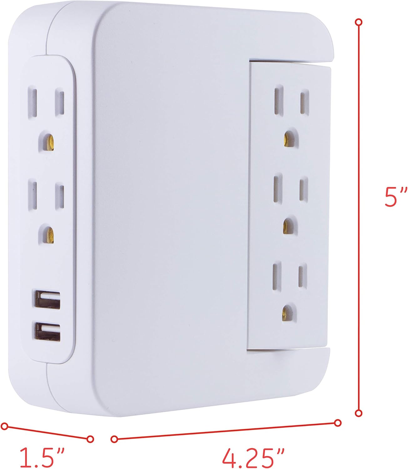 GE Pro Side-Access Swivel Surge Protector, 2 Pack, 5-Outlet Extender with 2 USB Ports, Wall Tap Adapter, Charging Station, 3-Prong, 560 Joules, 2.4 AMP/12 Watt, UL Listed, White, 55246