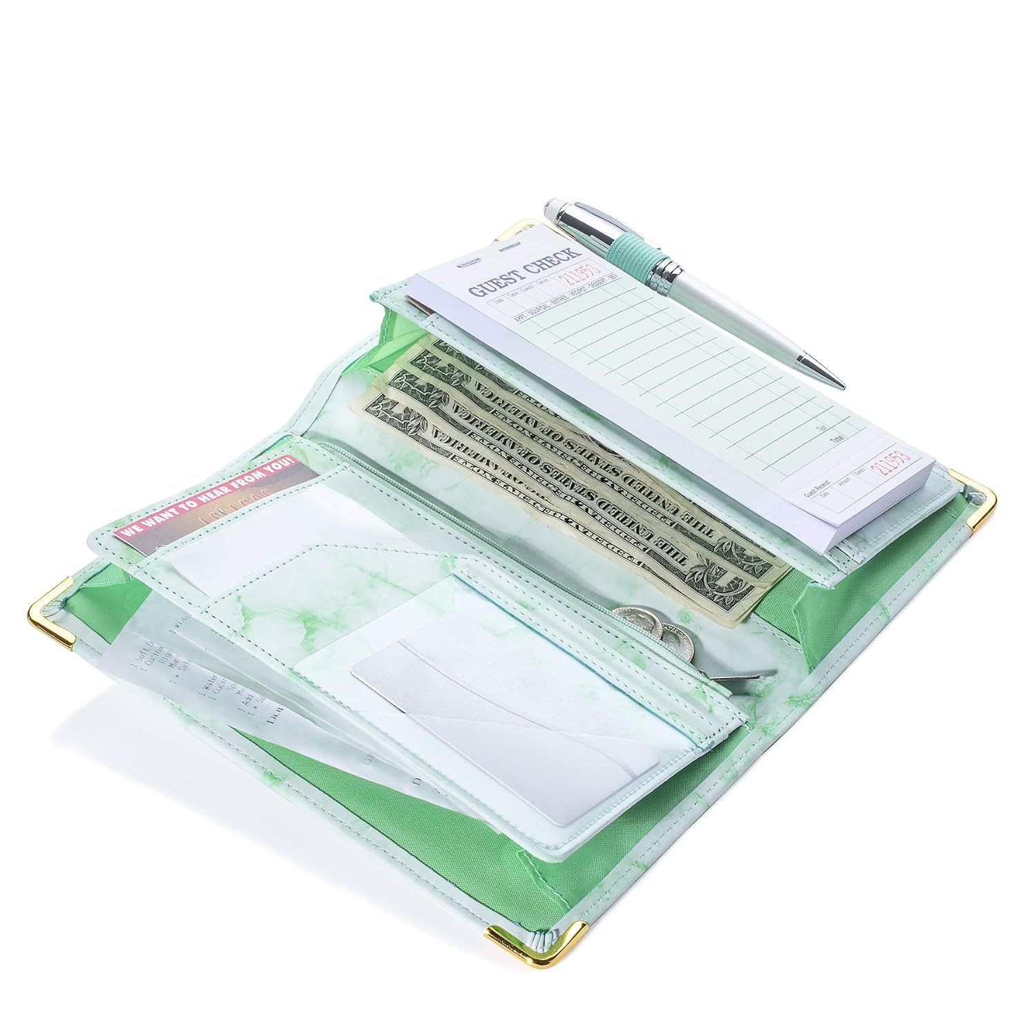 Sonic Server 5x8 Marble Server Book Organizer with Magnetic Pockets, Zipper Pouch & Pen Holder for Waitress Waiter Waitstaff | Fits Apron Holds Guest Checks Money Receipts Order Pad (Green)