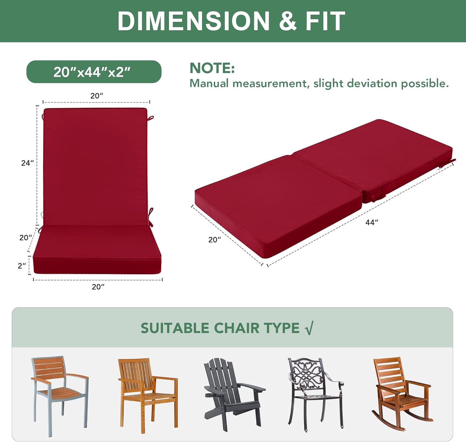 Patio Dining Seat Cushions, High Back Outdoor Chair Cushion with Water Resistant Removable Covers, Ties, Non-Slip Bottom for Garden Lawn Patio Furniture, 44 x 20 Inch, Burgundy