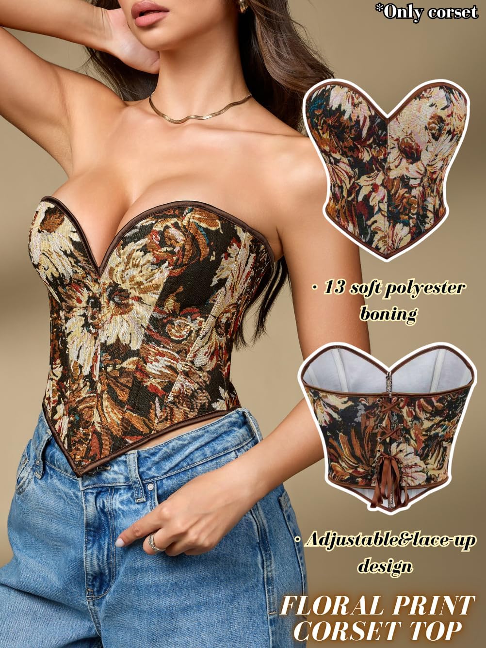 Boned Lace Up Corset Top For Women, Heart Overbust Strapless Vintage, Sexy Bustier Crop, Party Club Outfits - Image 2